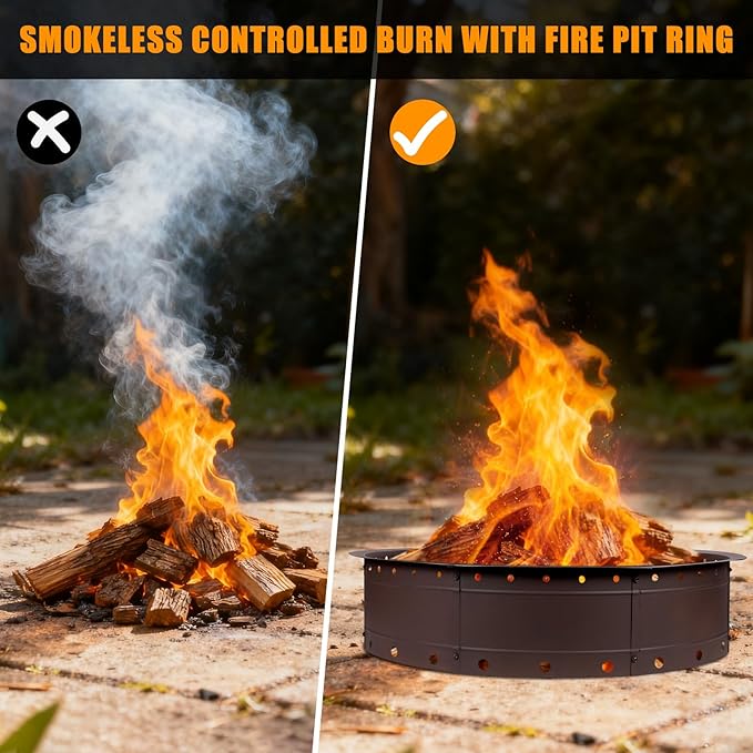 36 Inch Fire Pit Ring, Large Outdoor Campfire Pit for Patio Backyard Garden, Smokeless Steel Firepit with Air Vent for Efficient Burning & Anti-Rust Coating, Brown Steel