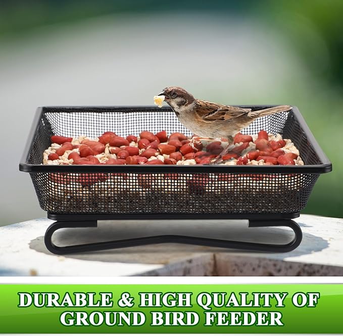 Nuogo 4 Pcs Platform Bird Feeder 7 Inches Ground Bird Feeder Tray for Outside Metal Squirrel Feeders Rust Resistant Mesh Seed Tray Garden Yard Decoration for Outdoor Wild Dove(Square)