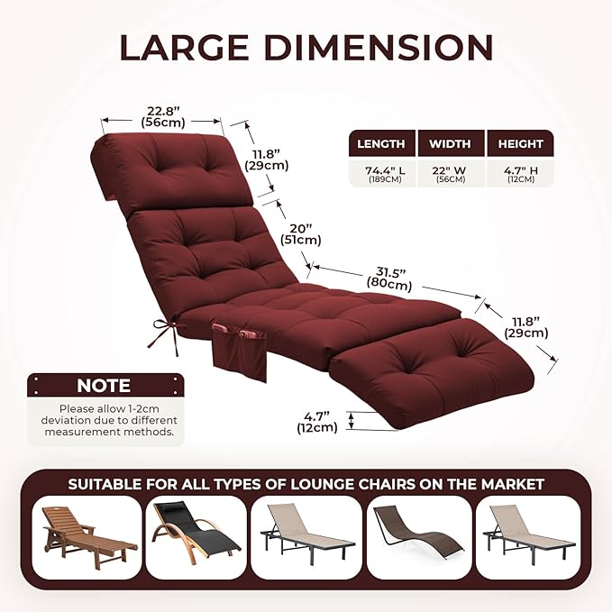 Outdoor Chaise Lounge Chair Cushion Waterproof 74.4 x 22 x 4.7 Inches Lounge Chair Cushions Replacement for Outdoor Furniture with Ties and Pocket, Thickened Pool Lounge Chair Cushions, Red
