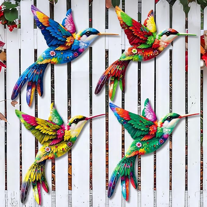 Metal Hummingbird Outdoor Decor - 10'' Hummingbird Wall Hanging Decorations for Outside Fence Garden Yard Patio Decor, Gift for Mom Friends (Set of 4)