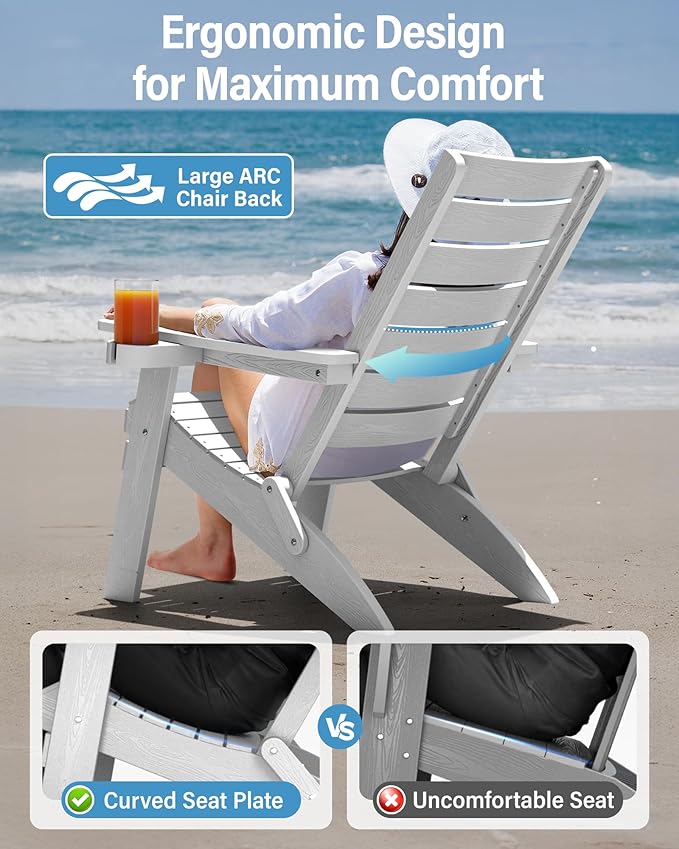 YEFU Adirondack Chair, Folding Adirondack Chairs Set of 2 with Arc Back & Cup Holder, Weather Resistant Plastic Oversized Chair for Outdoor Patio Lawn Garden Backyard Deck Fire Pit, White