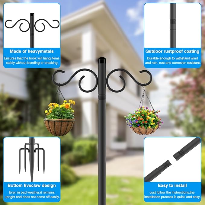 Adjustable Shepherd Hooks for Outdoor,2 Pack 55 Inch 5 Prong Base Bird Two Sided Feeder Poles,Heavy Duty Shepherds Hook,Suitable for Garden in Hanging Flower Basket,Lantern,Bird Nests