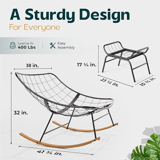 Bme Patio Rocking Chair Outdoor & Indoor, Metal Patio Lounge Rocking Chair with Thick Cushion, Comfy Modern Rocker Chair for Living Room, Porch, Backyard, Grey Cushion - Wood Texture Rocker