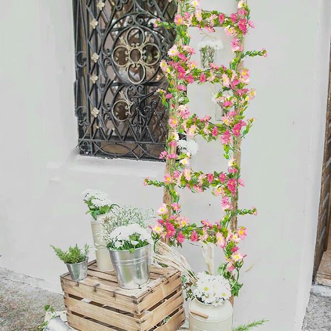 CISDUEO Artificial Daisy Flowers Vine Silk Wildflower Garland Spring Fake Flower Vine Hanging Ivy Pink Daisy Flowers Plastic Green Leaves for Mantle Wall Party Wedding Arch Floral Decor Indoor Outdoor