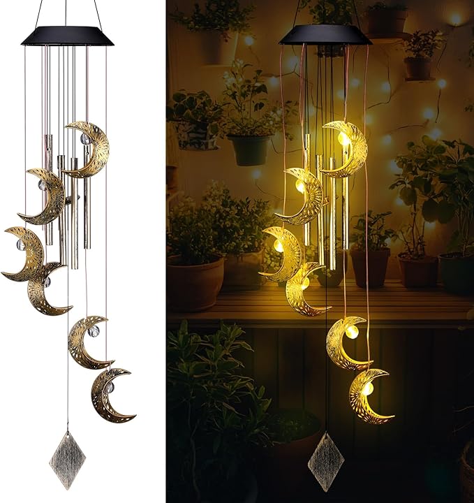 Solar Wind Chimes for Outside Waterproof Hanging Wind Chimes Lights Outdoor Decor Yard Garden Gifts for Mother Mom Grandma Wife Neighbors(Moon,Warm Colored Lights)