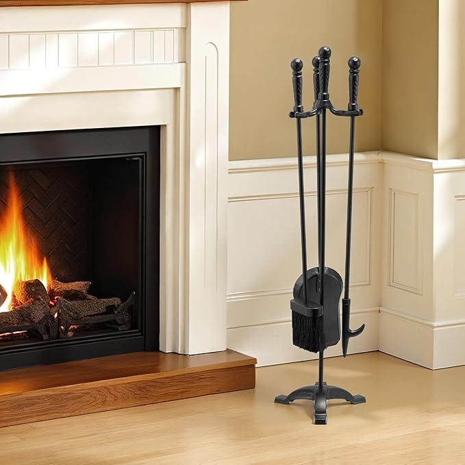 VEVOR Fireplace Tool Set, 4 PCS Fire Tool Set and Holder with Three-Prong Stand, Ash Shovel, Brush, Fire Place Poker, Wrought Iron Fireplace Accessories for Campfire Indoor/Outdoor, Black