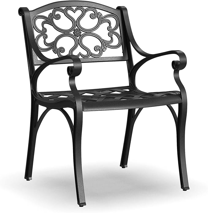 Homestyles Sanibel Black Stationary Cast Aluminum Outdoor Dining Chair, 2 Piece Patio Chairs, Set of 2 Garden Chairs with Armrest & Backrest for Garden Patio Pool Beach Yard, Black