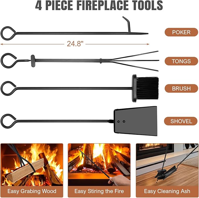 INNO STAGE Firewood Rack Fireplce Firepit Tools Set Double Layer Iron Wood Log Holder for Fire Place Outdoor Indoor Accessories-Brush, Shovel, Tong, Hook