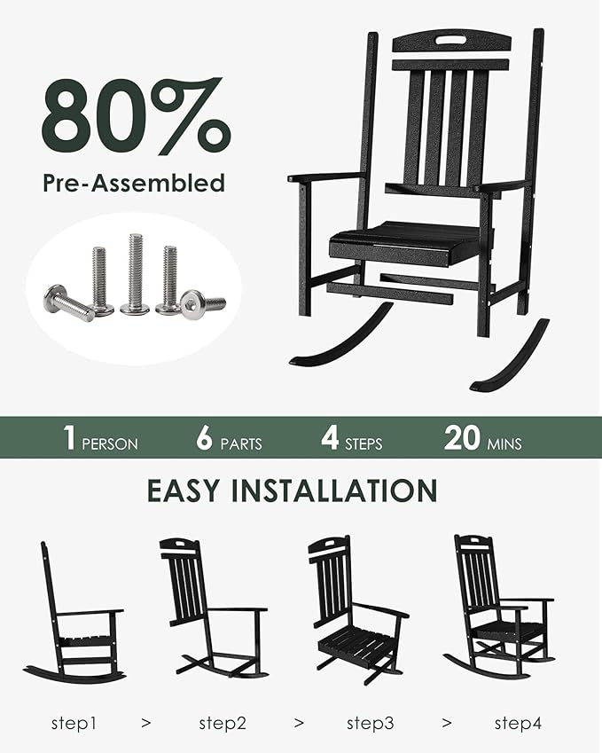 Outdoor Rocking Chair Set of 4, High Back Plastic Patio Rocking Chairs for Outside Porch Rocker Garden Lawn, All-Weather Resistant Poly Lumber Rocker Chair Outdoor, Lime
