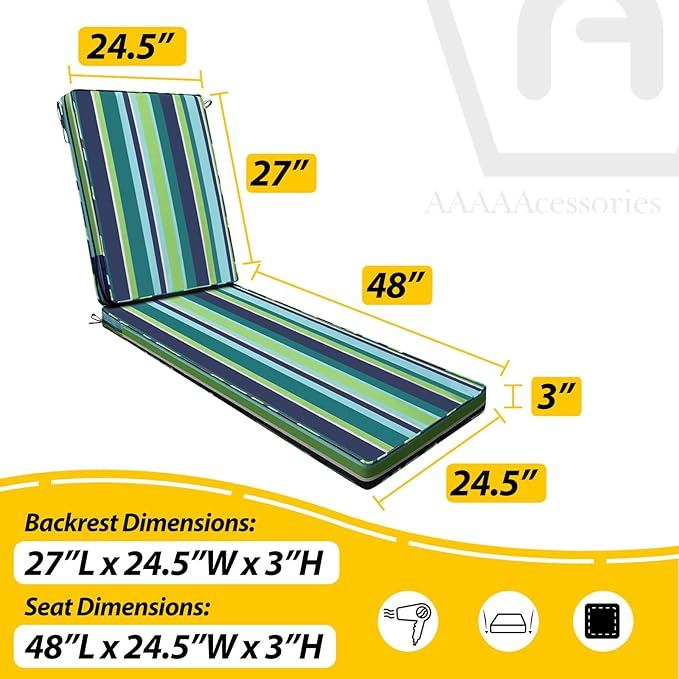 AAAAAcessories Outdoor Chaise Lounge Cushions, Fade-Resistant, Waterproof Patio Furniture Replacement Cushions, 75" x 24.5" x 3", Stormy Teal Coastal Stripe