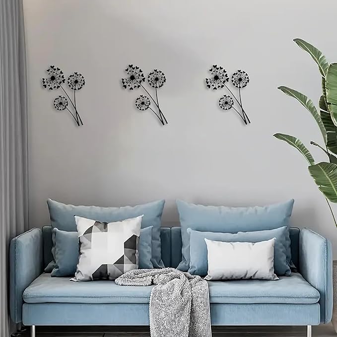 DUOOLN Metal Flowers Wall Art Decor, Minimalism Dandelion Flower Hanging Iron Decoration,Modern Plant Potted Art Sculpture Sign, Home Bedroom Bathroom Outdoor Indoor Kitchen Feature Wall-15.7x9.8in
