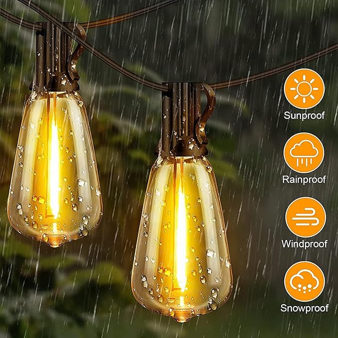 Outdoor String Lights with ST38 Clear Globe Bulbs, Black Cord, Waterproof LED Edison Filament Decorative Lighting for Patio, Garden, Backyard (ST38 Bulbs, 100FT)