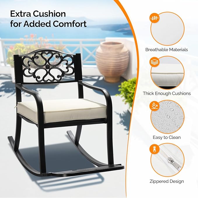 VINGLI Metal Rocking Chair, Outdoor Rocking Bench with Cushion, Patio Rocker with Footrest, Weatherproof Rocking Chair for Outside, Patio, Garden, Flower Backrest