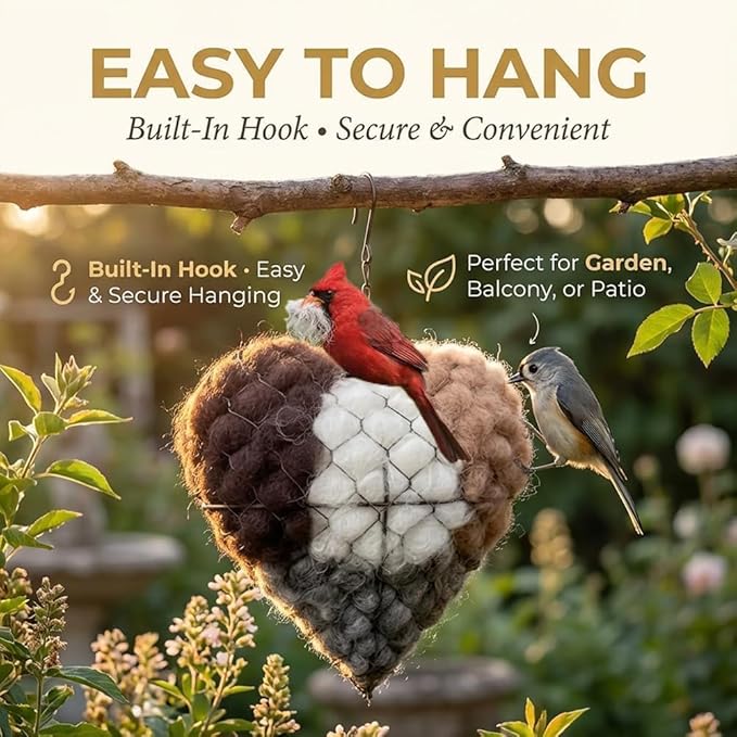 Handmade Fiber Bird Nesting Heart, Birds Nests Material Holder, Winter Tree Shelter for Wild Bird, Hummingbird Houses Nest Boxes for Outside Art Birdhouse