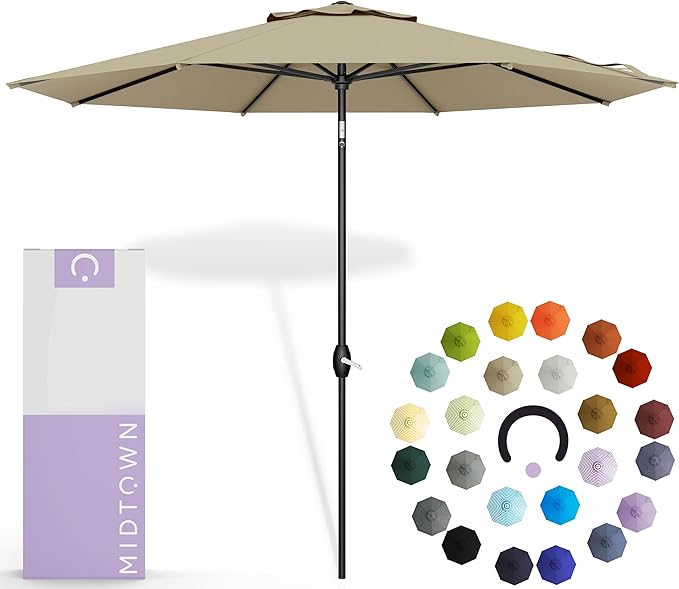 Midtown Umbrellas - 10-Year-No-Fade 8 Ft Patio Umbrella with Terylast Fabric, Auto-Tilt Aluminum Frame and 8 Reinforced Ribs for Deck, Pool, Garden & Beach - Chestnut Beige Canopy, Black Pole