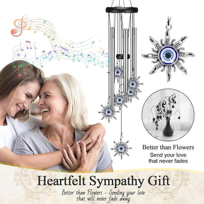 Wind Chimes for Outside Clearance, Wind Chime with Natural Sounds, Outdoor/Indoor Decorations for Patio, Porch, Backyard and Garden Decor (Sun Evil Eyes)