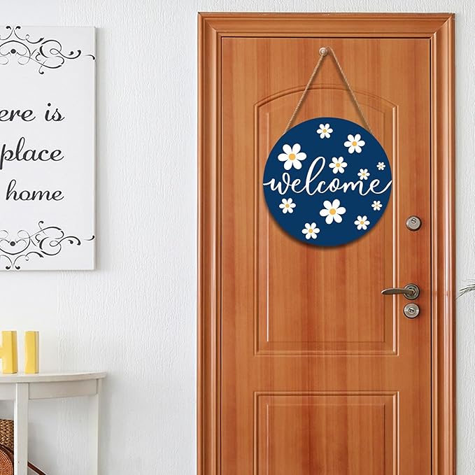 Spring White Daisy Flower Door Sign For Front Door Decor,Daisy Welcome Blue Wooden Sign 12"x 12" Round Spring Hanging Door Sign Decoration for Wall Rustic Decor