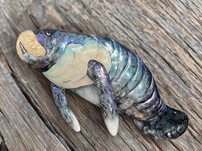 Manatee Metal Wall Art Fish Décor Sign, Handmade and Acrylic Handpainted Blue with White Pearl Capiz Shell, Coastal Beach House Style for Bathroom, Garden, Fence, Hallway, Deck, Outdoor (20x11x3in)