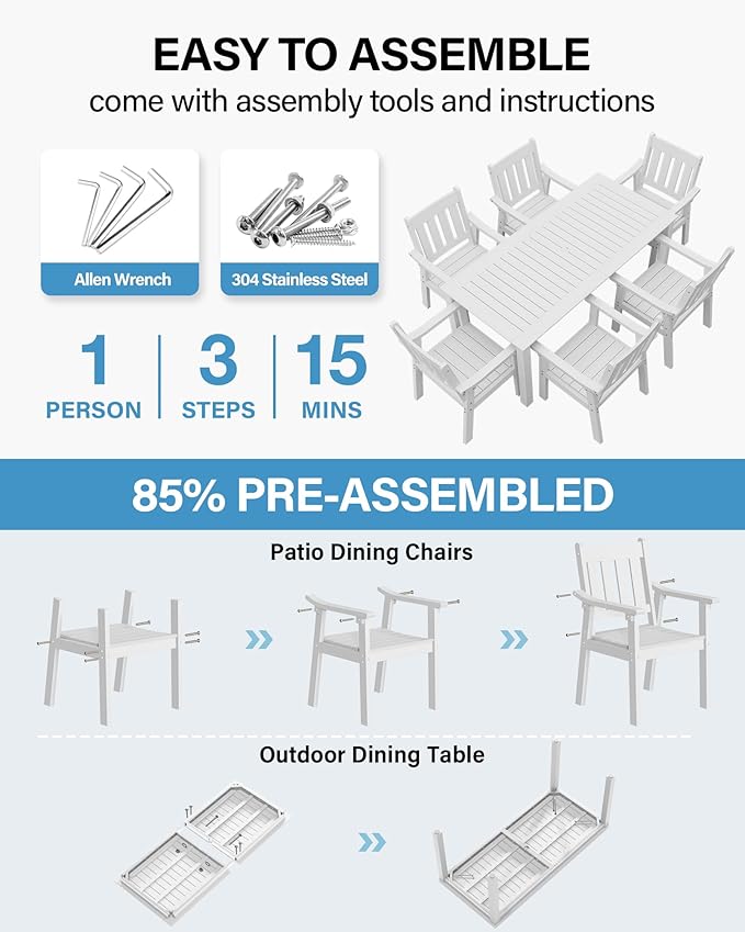 YEFU HIPS Patio Table Set: 7 Piece Outdoor Table and Chairs Dining Furniture Set with Umbrella Hole - White Modern Plastic Dining Sets 6 Person for Outside Deck with Metal Aluminum Frame