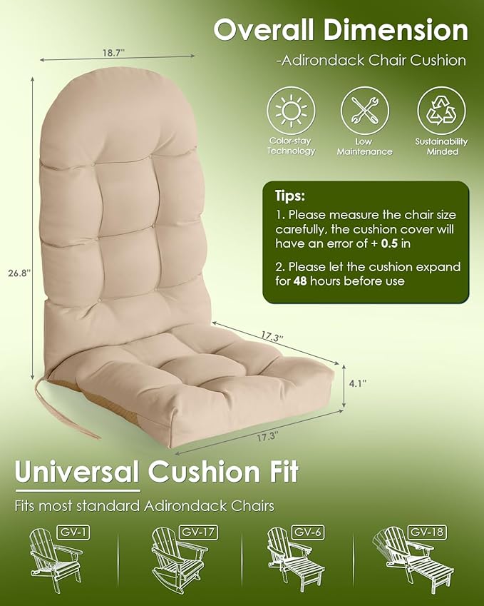 GREENVINES Adirondack-Chair-Cushions-Set-of-2 | Polyester | Waterproof | Outdoor High Back Rocking Chairs Cushion | Seat with Ties | Non-Slip | Thickened Pad for Patio | 44.5" x 17.3" x 4.1" | Beige