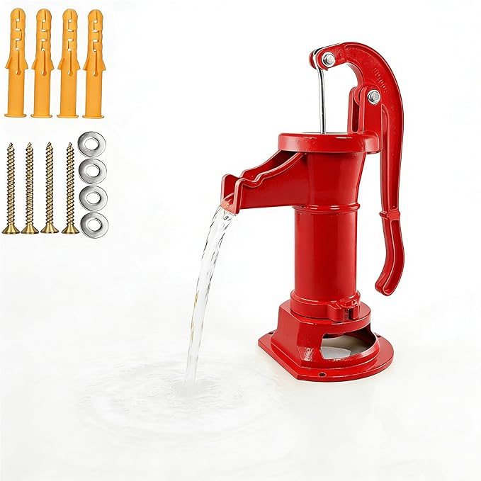 Durable Antique Cast Iron Pitcher Pump: Manual Hand Shake Suction Well Pump for Water Transfer, 25ft Maximum Lift, Easy Installation, Suitable for Outdoor Gardens, Ponds, and Backyards. (Red)