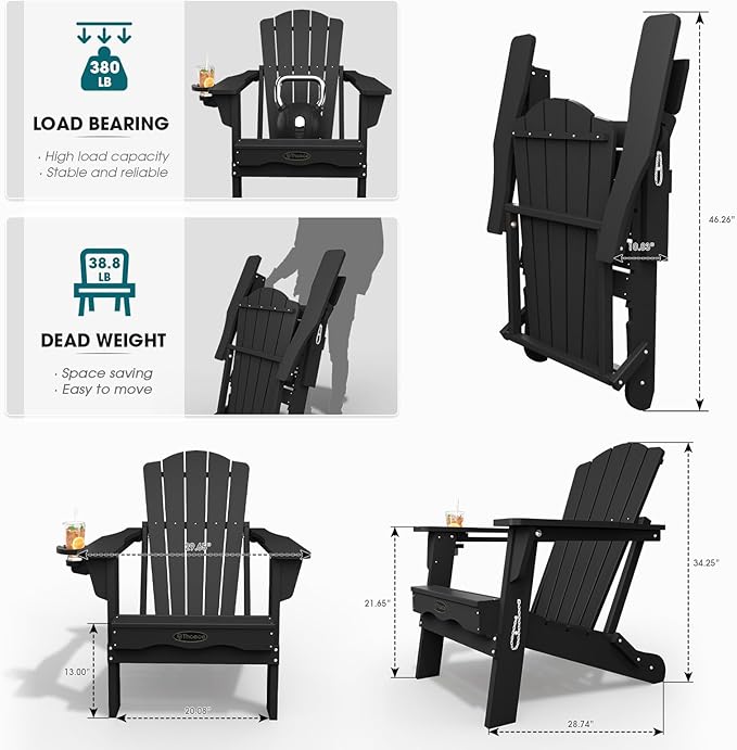 Folding Adirondack Chair Set of 4,HDPE All-Weather Outdoor Chair with Cup Holder,Wooden Textured,Fire Pit Chair,Plastic Patio Chair for Deck,Backyard,Garden,Lawn(Black)