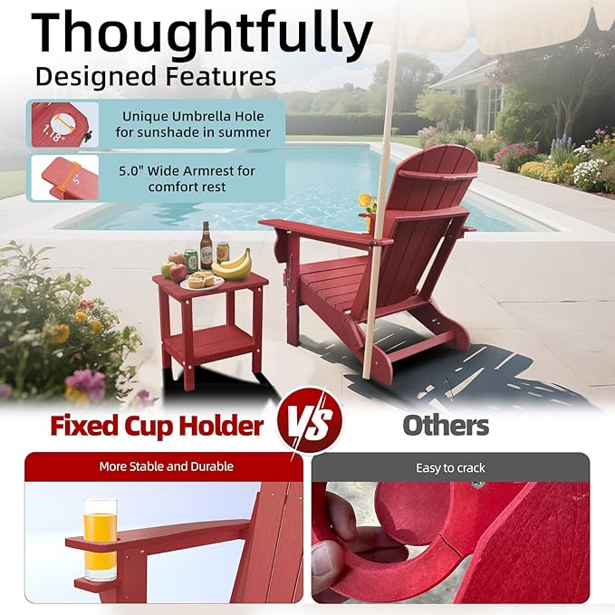 Folding Adirondack Patio Chairs, HDPE Fire Pit Chairs Weather Resistant, Outdoor Adirondack Chair with Cup Holder and Umbrella Hole, Wood Texture, Dark Red