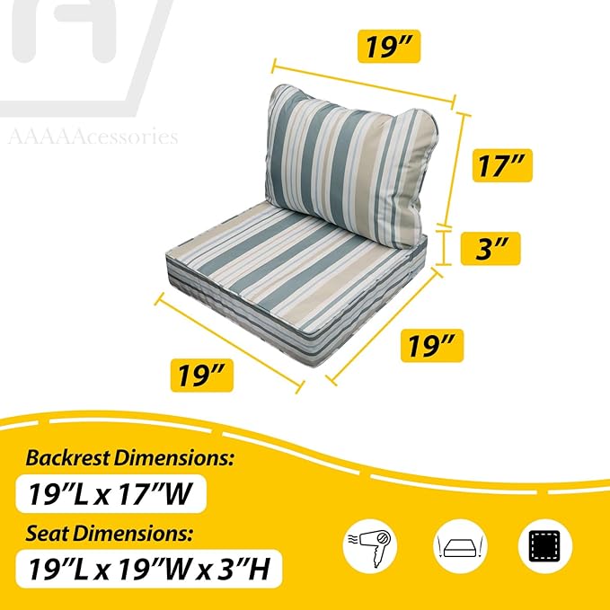 AAAAAcessories Outdoor Seat Cushions for Chairs, Fade-Resistant, Waterproof Patio Furniture Replacement Cushions, 19" x 19" x 3" + 19" x 17", Slate Gray Blue Coastal Stripe