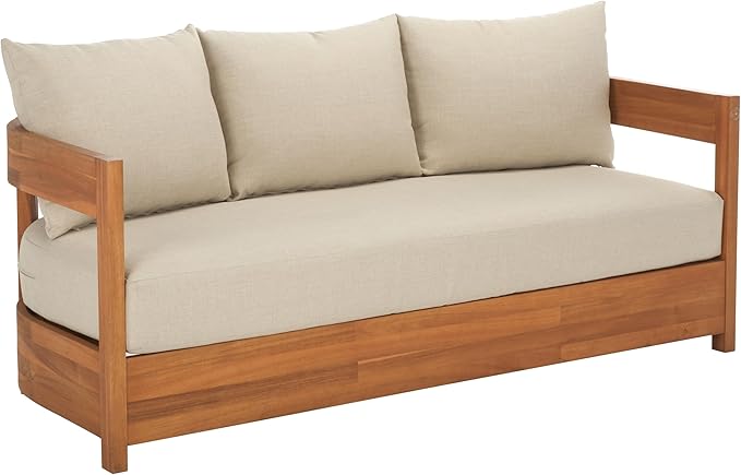SAFAVIEH Outdoor Patio Furniture Collection - Kento Natural Wood 3-Seater Sofa with Taupe Cushions, Wide & Comfortable Deep Seating, Modern Design (PAT7098A)
