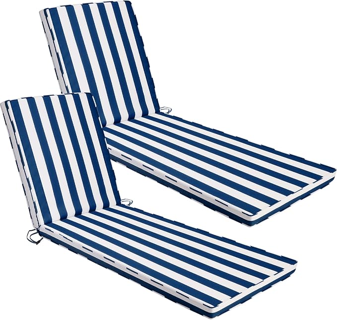 Chaise Lounge Cushions Outdoor Set of 2, 71"x22"x3" Patio Lounge Chair Furniture Cushions with Washable Covers for Pool, Patio, Lawn (Blue+White Stripes, 2 Pcs)