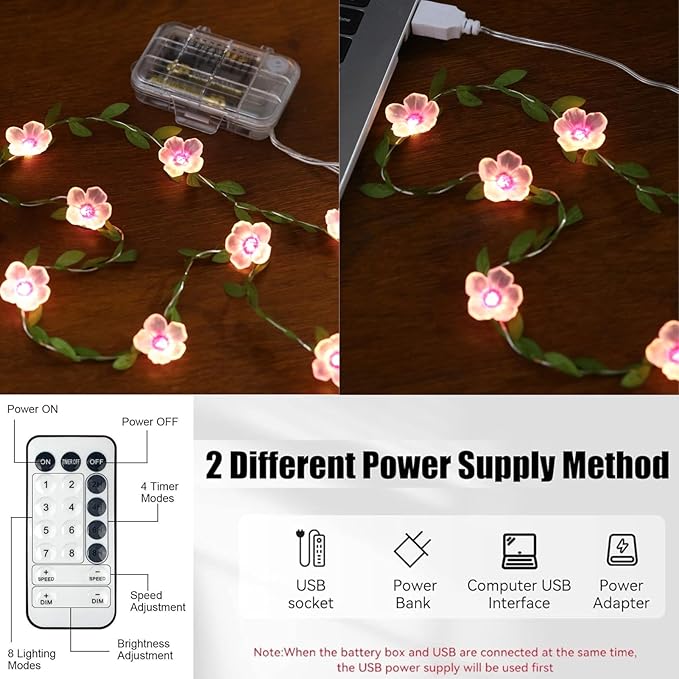 2 Count Cherry Blossom Vine Lights 13ft 40 LED Flower String Lights USB Plugin & Battery Operated Fairy Lights with Timer 8 Modes Remote Decorative Light for Bedroom Wedding Party, Warm White