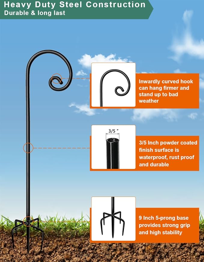 Koutemie 76 Inch Outdoor Shepherd Hook for Hanging Plant, Adjustable Heavy Duty Bird Feeder Pole with 5 Prong Base for Solar Lanterns, Black & 2 Packs