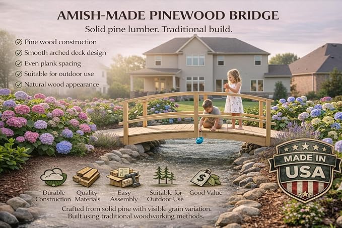 10 FT NATURAL Amish Made Garden Bridge with DOUBLE RAILS for Walkway, Backyard Pond & Landscaping, Outdoor Wooden Footbridge for Koi Pond, Japanese Style Decorative Bridge, Made in USA