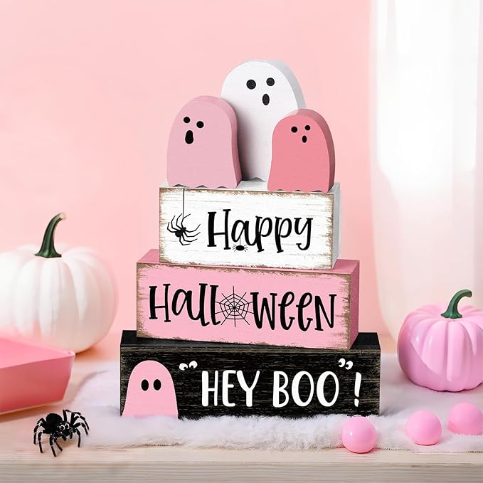 6 Pcs Pink Ghost Halloween Decorations Indoor Pastel Pink Ghost Table Decor Wooden Signs Cute Blocks Rustic Halloween Tiered Tray Decor for Home Office Desk Shelf Mantel