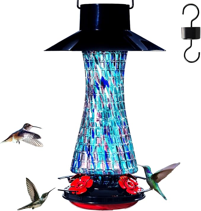 Muse Garden Solar Powered Hummingbird Feeder, 23oz Solar Lights Outdoor Garden Decor Ant and Bee Proof, Hand Blown Glass Lantern Gifts for Women Mom Birthday Unique, Blue