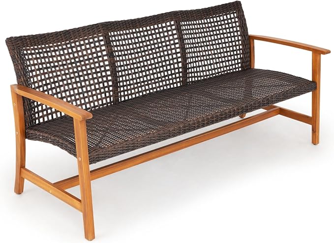 IDZO 1000lbs Capacity, FSC Certified 3 Seater Patio Couch with Upgraded 2000Hours UV Resistant Wicker, Teak Finish Furniture Set, Trinite Acacia Outdoor Sofa_Brown