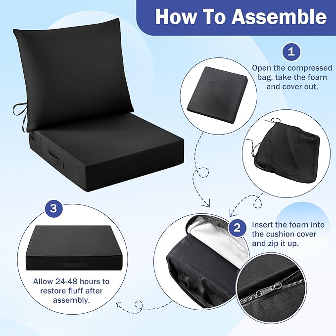 Outdoor Seat Cushion Set, Waterproof & Fade Resistant Patio Chair Cushions, Outdoors Cushion for Patio Furniture, 24 x 24 x 5.75 Inch, Outdoor Couch Cushions with Handle and Ties, Black