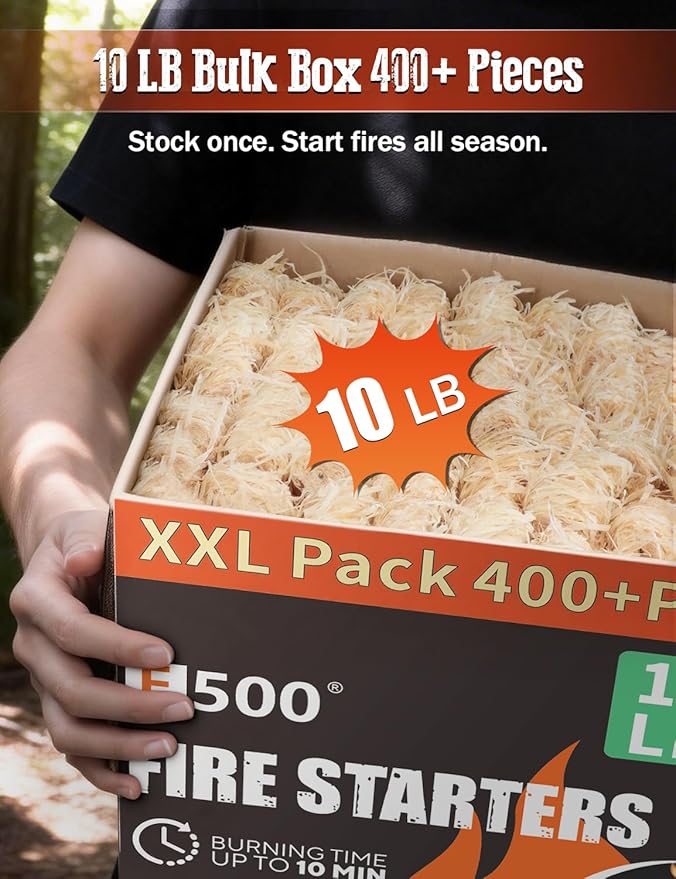 E500 Fire Starter - 400+pcs Natural Pine Fire Starters for Fireplace, Campfires, Fire Pit, BBQ, Pellet Stove, Wood, Pizza Oven - Chimney Charcoal Starter for Grill, 10lb Large Box, Quick Ignite