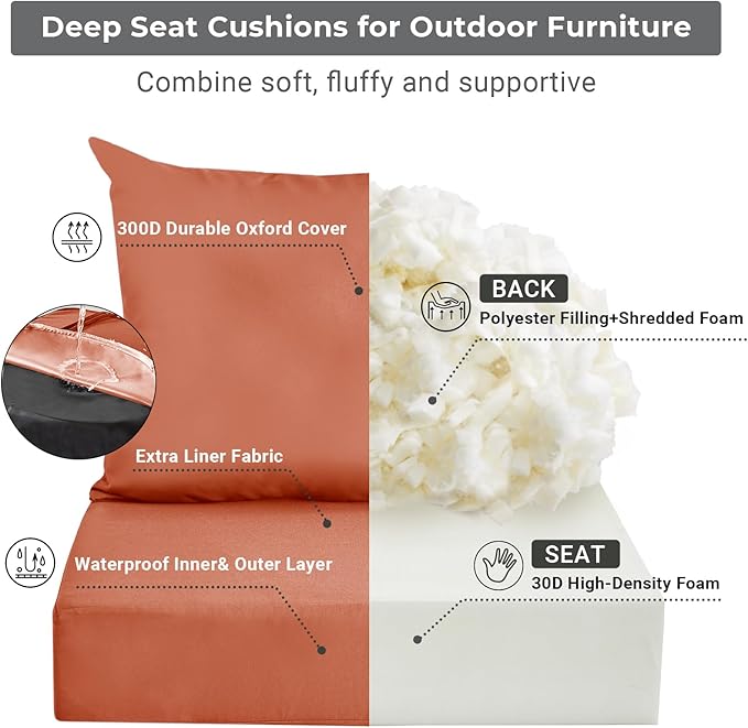Outdoor Cushions for Patio Furniture,Outdoor Seat Cushion Set 24 x 24 x 4 Inch,Waterproof & Fade Resistant Outdoor Chair Cushions,Deep Patio Chair Cushion with Removable Cover,Spice