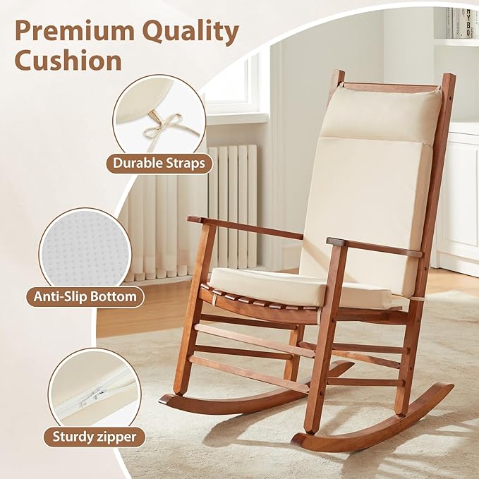 Waterproof Rocking Chair Cushions Outdoor & Indoor, Wooden Rocking Chair Pads Set of 2, Non-Slip Large Glider Rocker Replacement Cushions with Pillow & Ties,Seat Back Cushion for Rocker Beige