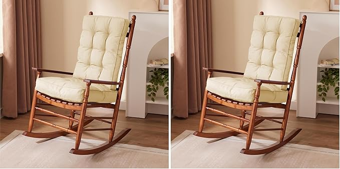Rocking Chair Cushion, Waterproof and Fade-Resistant Patio Chair Cushions, Tufted Chair Pads for Rocker Furniture, 17x17 Inch, Indoor/Outdoor Seat Cushions with Ties, Beige (Pack of 2)