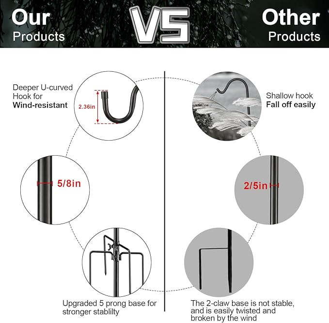 Bird Feeder Pole, 78 Inch & 5/8 Inch Diameter Stainless Steel Heavy Duty Shepherds Hooks for Outdoor to Hang Outdoor Lights with 5 Prongs Base, Rustproof for Garden Decor or Wedding Decors(Black)