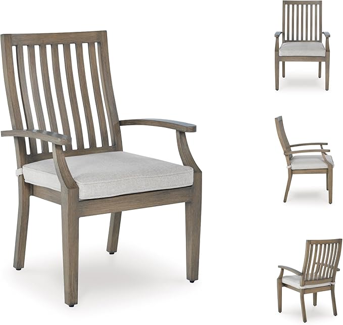 Signature Design by Ashley Rainier Ranch Contemporary Rust Resistant Aluminum High Back Outdoor Arm Chair with Loose Seat Cushion, Set of 2, Nuvella Weather Resistant Fabric, Light Brown & Beige