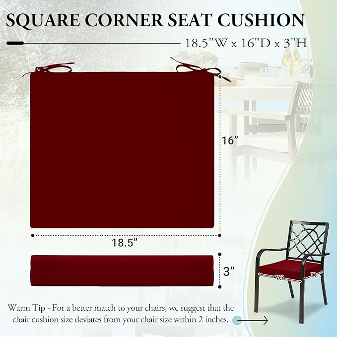 Wellsin Outdoor Chair Cushions for Patio Furniture - Outdoor Cushions for Chairs - Water Resistant Patio Chair Cushions Set of 4, 18.5"X16"X3", Burgundy