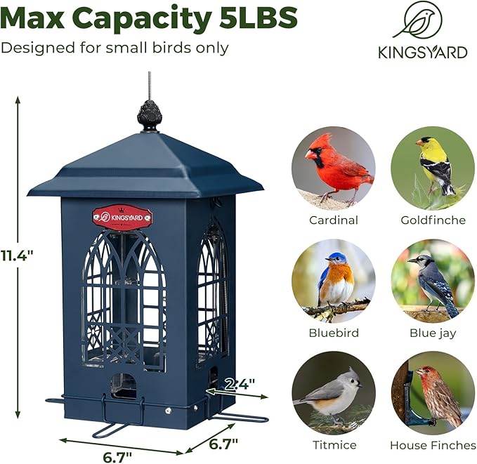 Kingsyard Squirrel Proof Bird Feeders for Outdoors with Weight-Activated Perches, 5 Lbs Capacity Large Metal Bird Feeder House for Small Wildbirds Cardinal Finch Bluebird, Weatherproof, Blue