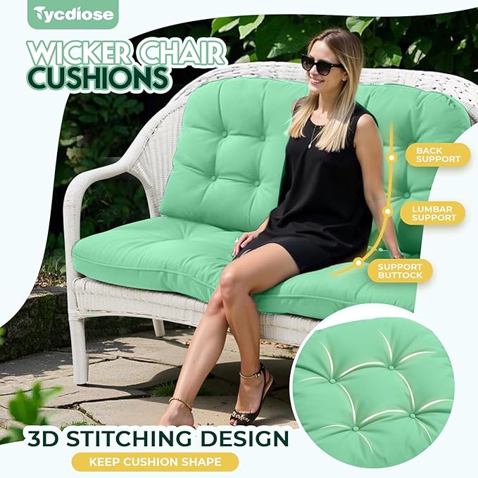 All Weather Outdoor Wicker Chair Cushions of 3 Pieces, Waterproof Outdoor Wicker Chair Cushion for Patio Furniture Loveseat Settee Bench, 1 Loveseat and 2 U-Shaped Thickened Cushions, Cyan
