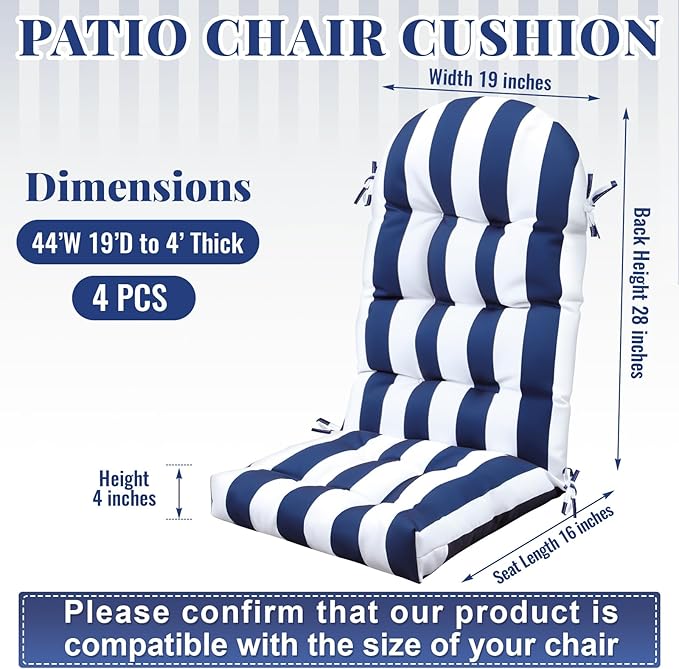 Geelin 4 Pcs Adirondack Chair Cushion High Back Patio Rocking Chair Cushion 44 x 19 x 4 Inch Tufted Weather Resistant Fade Resistant Seat for Patio Rocking Seat (Blue and White)