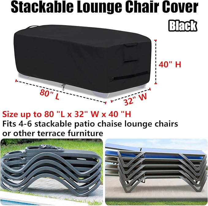 Outdoor Lounge Chair Covers for 4-6 Stackable Patio Chaise Lounge Chairs, Waterproof, Durable Polyester Fabric 80 x 32 x 40 Inch Pool lounge chair covers for Winter Storage (Black)