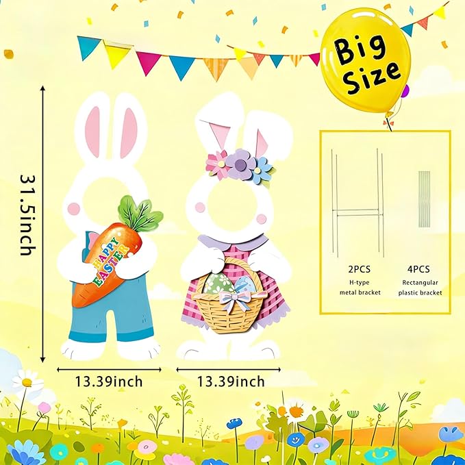 2 Pcs Happy Easter Face Yard Signs Decorations Cute Bunny Egg Yard Sign with Stake Photo Props for Spring Easter Egg Hunt Party Supplies Patio Lawn Garden Outdoor Decor