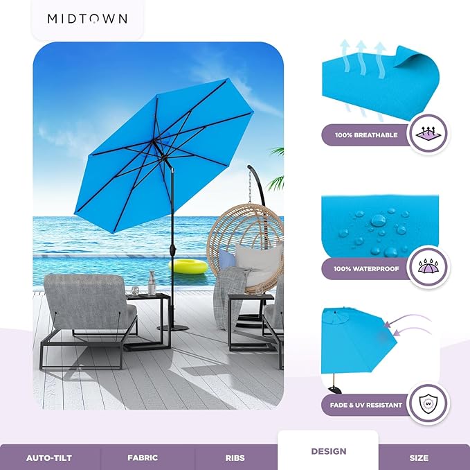 Midtown Umbrellas - 10-Year-No-Fade 6 Ft Patio Umbrella with Terylast Fabric, Auto-Tilt Aluminum Frame and 8 Reinforced Ribs for Deck, Pool, Garden & Beach - Cobalt Blue Canopy, Black Pole
